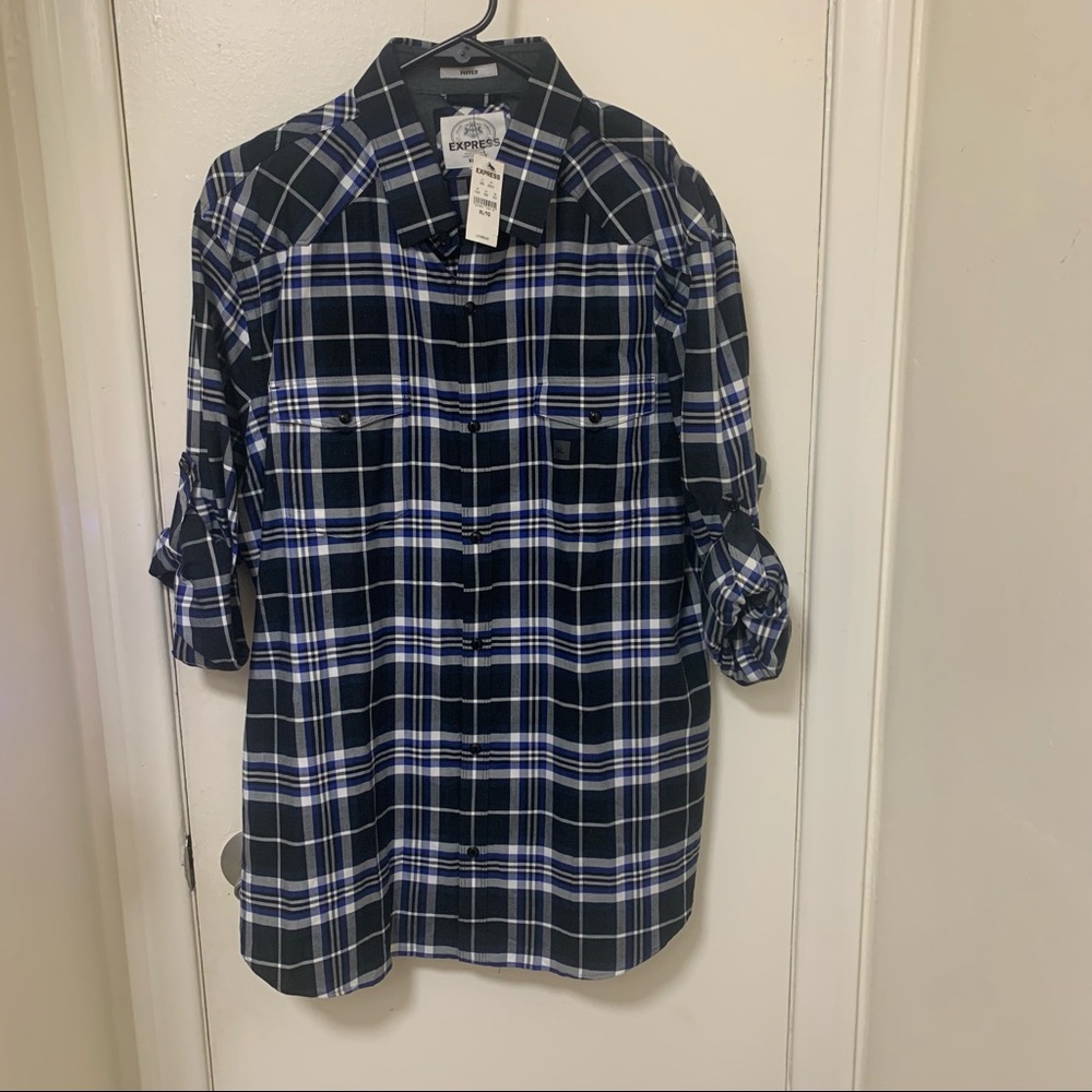 Express Plaid Button Up Shirt, Black and Blue Plaid Button Up Shirt